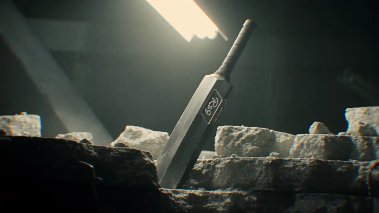 An RS9-branded sword standing among broken concrete in a cinematic city scene